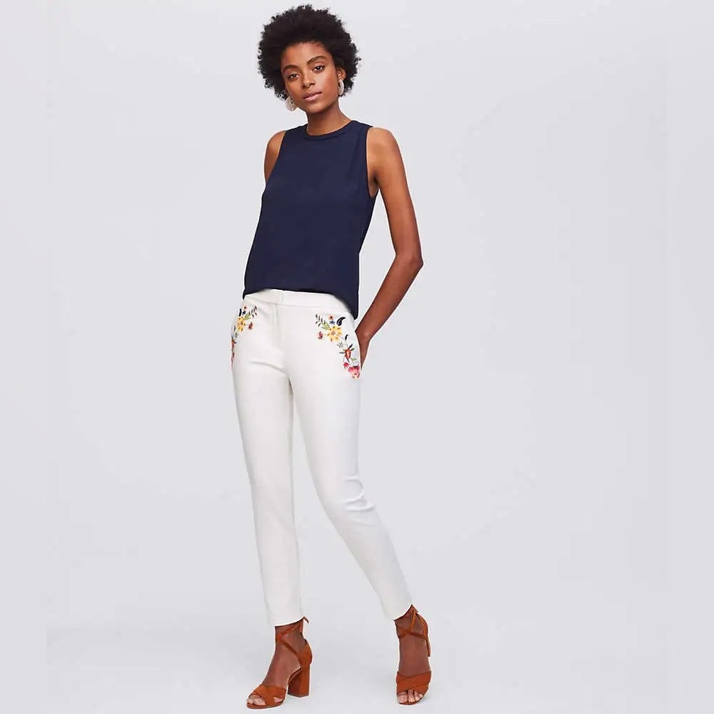 Loft Floral Embroidered Cream Marisa Pants